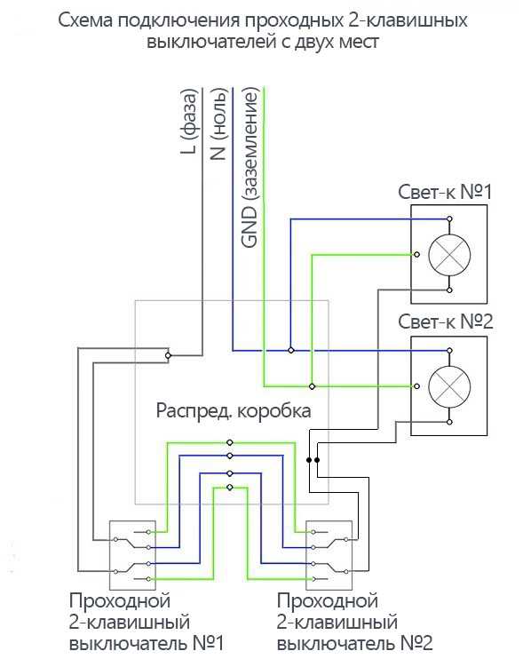 Схема подключения проходного выключателя с 3х мест