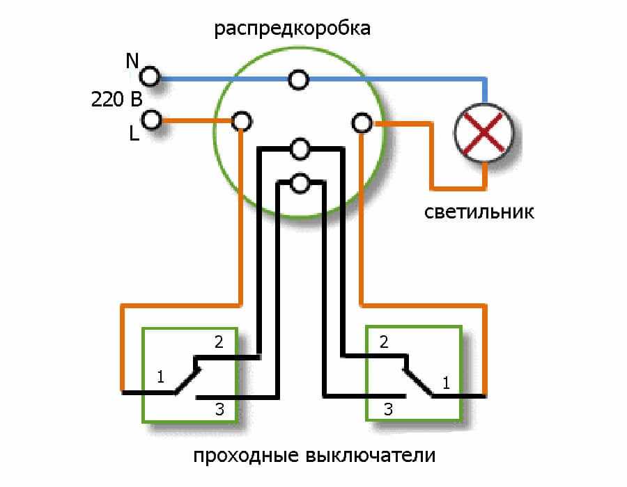 Схема подключения проходного выключателя с 2х мест на 2 лампы (видео, фото)